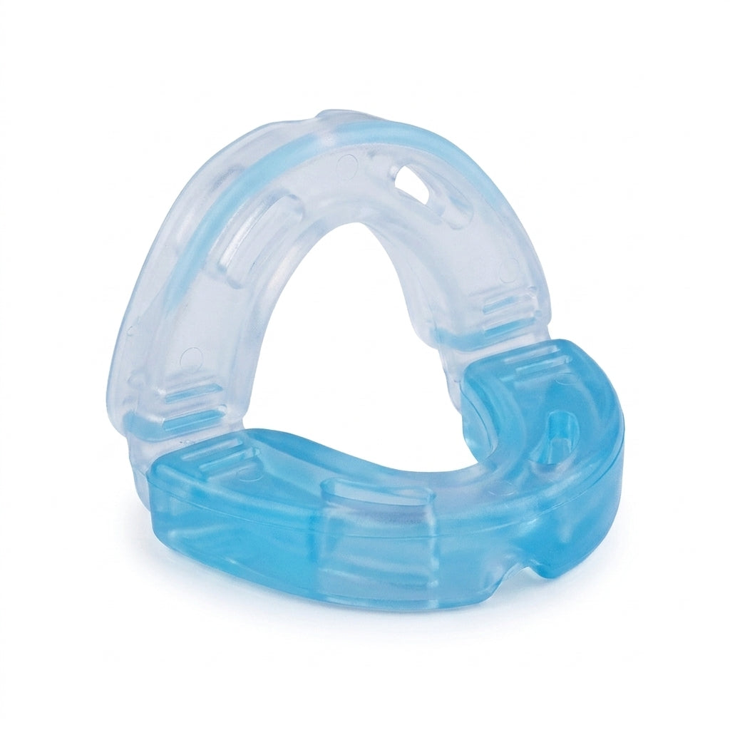 Férula bucal Honix de silicona transparente y azul en detalle