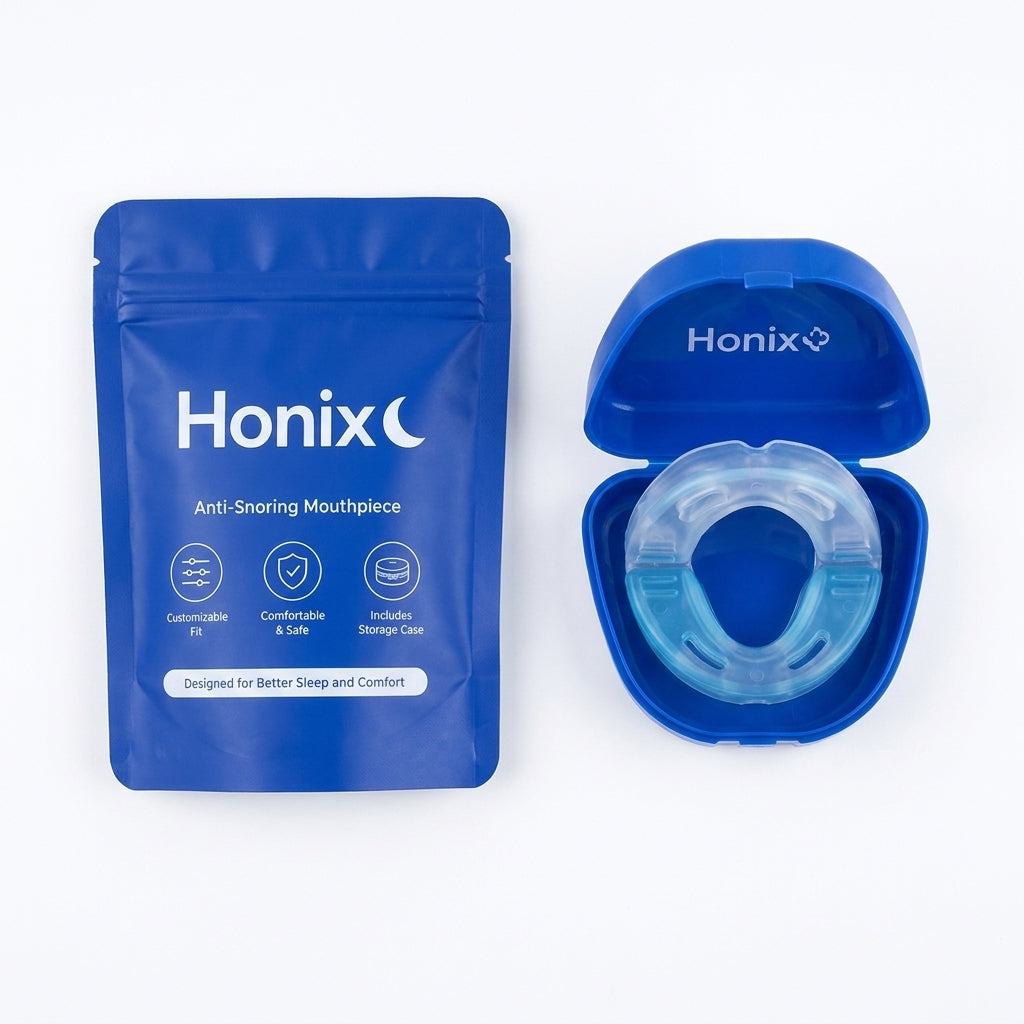 Empaque Honix y estuche con férula vista superior fondo blanco
