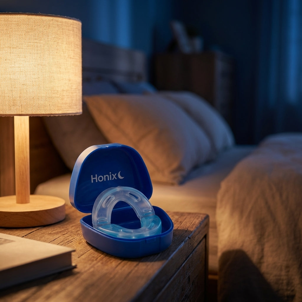 Honix en mesa de noche en dormitorio con luz cálida